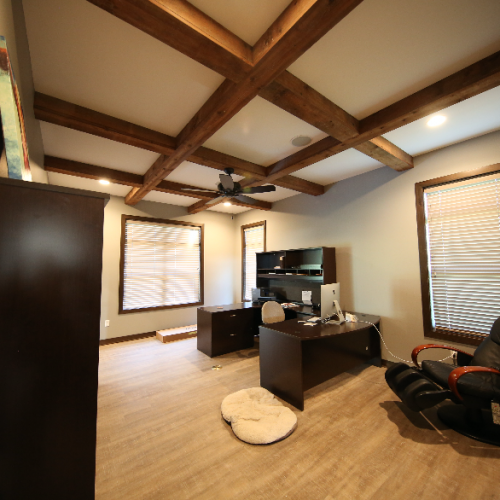 office with wood beams Stebral Construction Home Builder Iowa City, Coralville, Solon, North Liberty